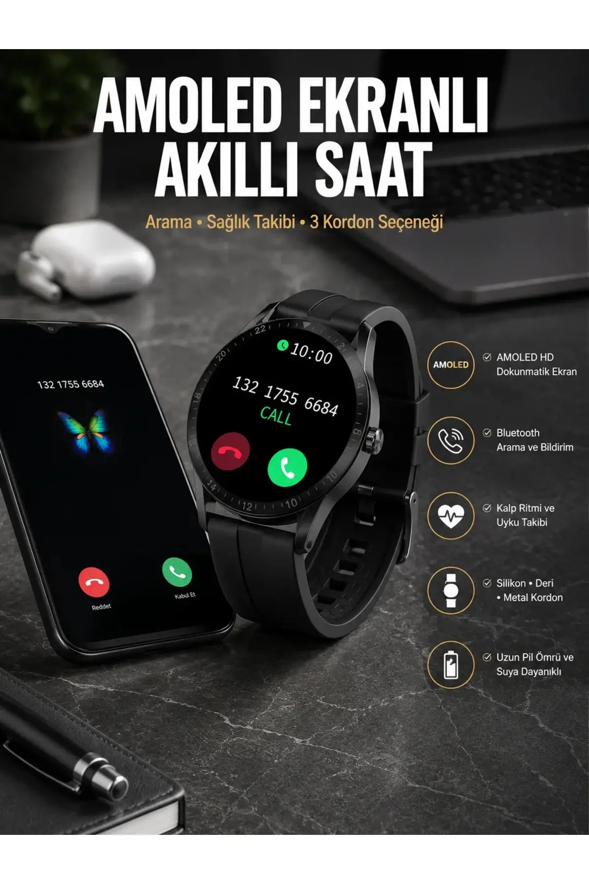 Akıllı Saat Amoled Ekran 3 Kordonlu NFC Ve GPS Uyumlu