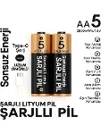 Type-c Şarjlı 2800mwh 1.5v Şarj Edilebilir 2’li Aa5 Kalın Pil - Lityum Iyon Batarya-1