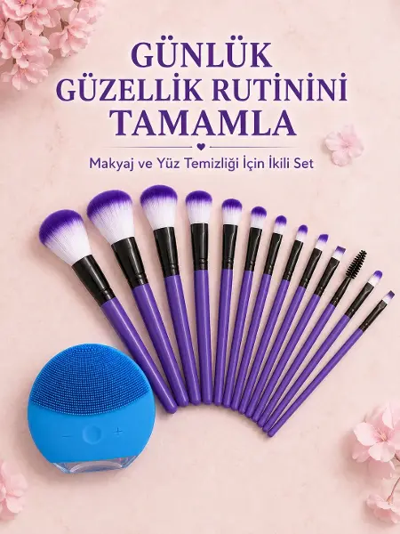 12 Parça Makyaj Fırçası ve Silikon Yüz Tezleyici Cihaz İkili Güzellik ve Kişisel Bakım Seti
