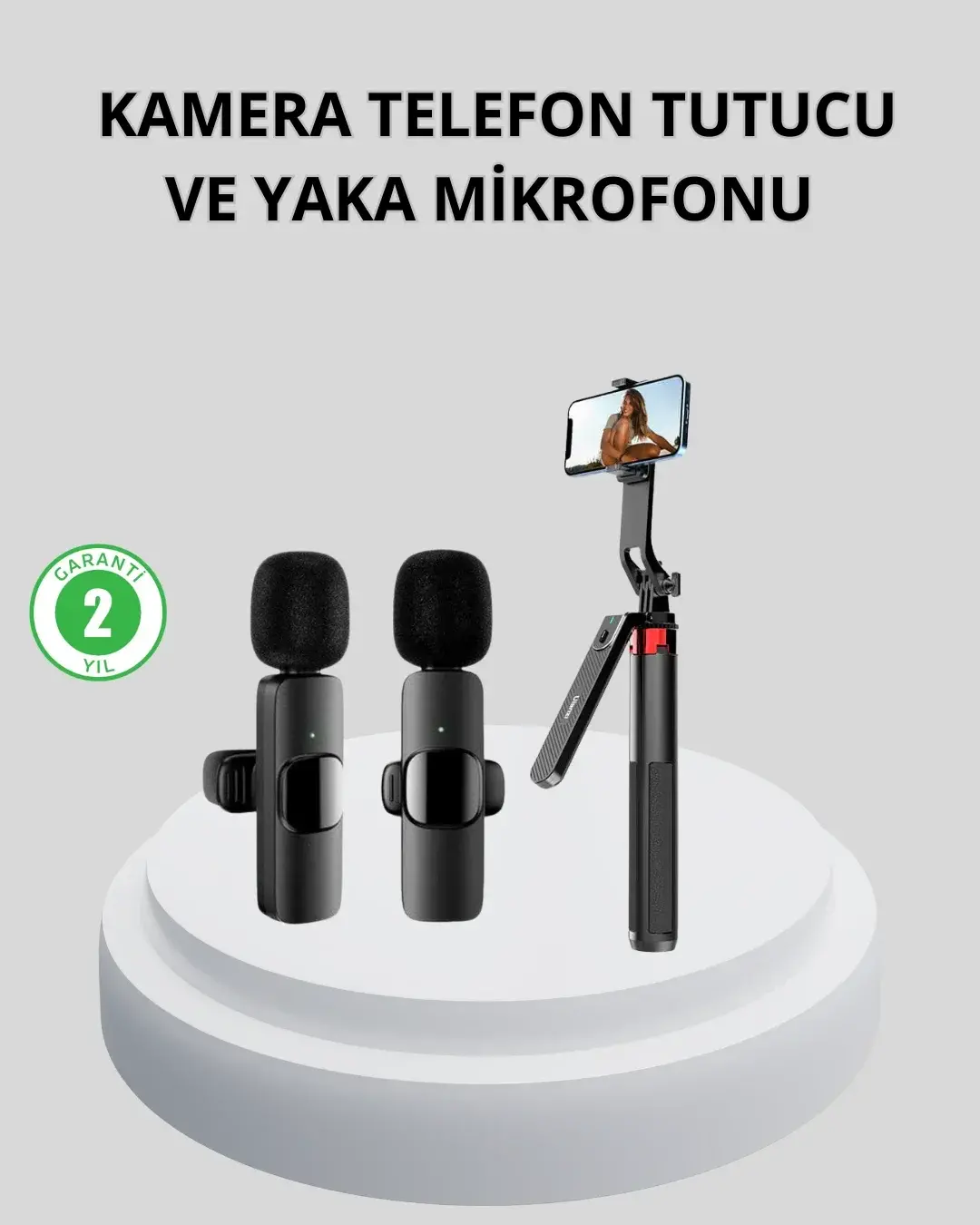 Kablosuz Çift Yaka krofonu ve Tripodlu Selfie Çubuğu İçerik Üretici Seti