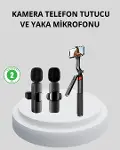 Kablosuz Çift Yaka krofonu ve Tripodlu Selfie Çubuğu İçerik Üretici Seti-1