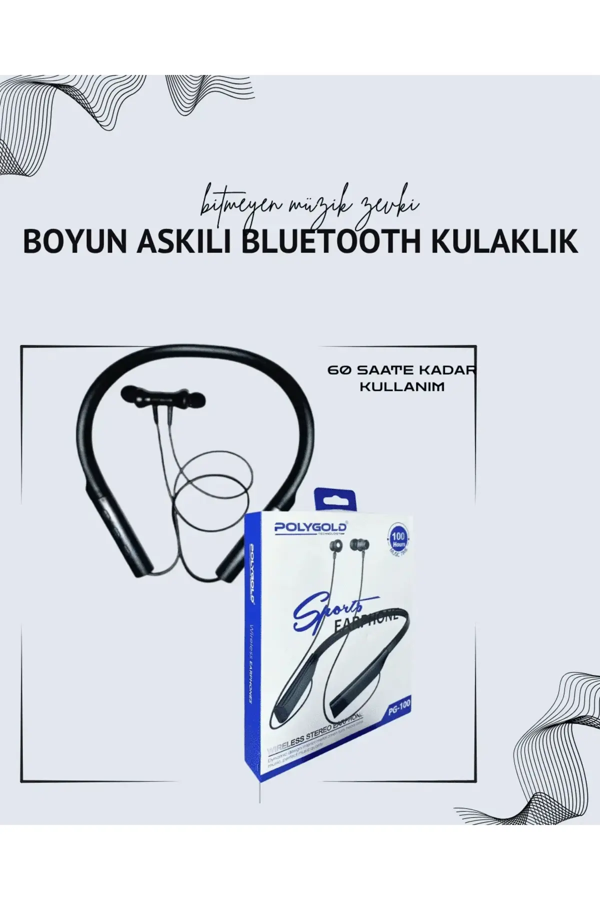 Polygold PG-100 Boyun Askılı Kablosuz Kulaklık – 200 Saat Bekleme Süresi, Stereo Ses, Mikrofonlu
