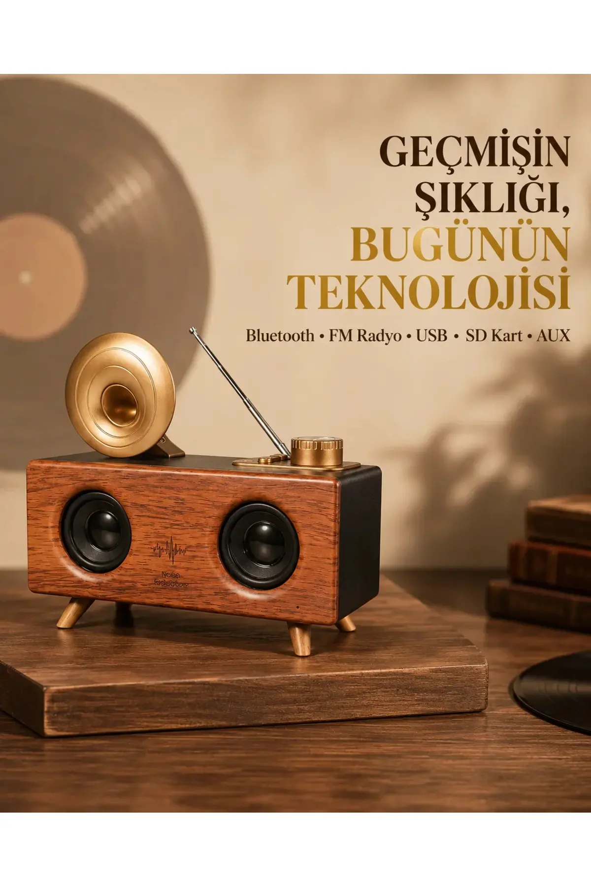 Çift Hoparlörlü Retro Bluetooth Speaker 1800mAh Bataryalı AUX USB SD Kartlı