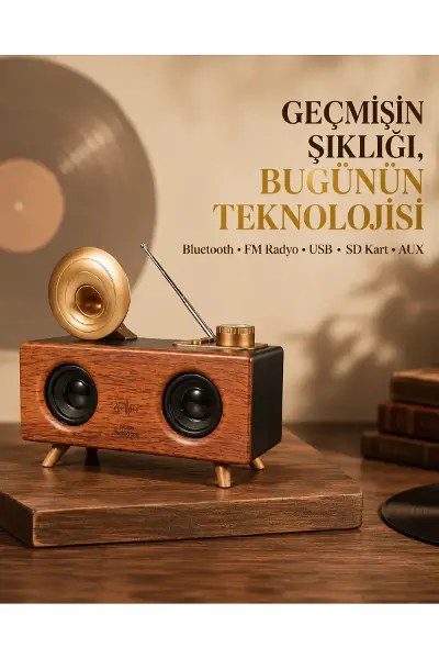 Çift Hoparlörlü Retro Bluetooth Speaker 1800mAh Bataryalı AUX USB SD Kartlı