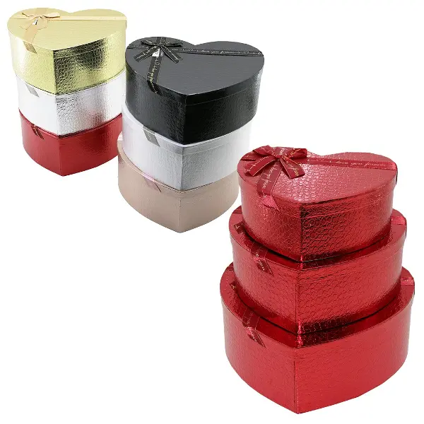 3PCS KALP PARLAK MİX RENKLİ - KABARTMA DESEN KARTON HEDİYE KUTUSU KURDELALI 31X28-27X24-23X20CM (4745)