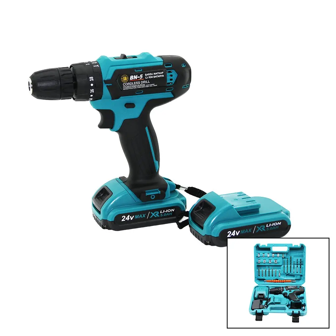 MAVİ 1250 RPM BN-5 F-136 CORDLESS DRILL FULL ŞARJLI=24V=5.0Ah - 2 BATARYA MATKAP SETİ ÇANTALI (4745)