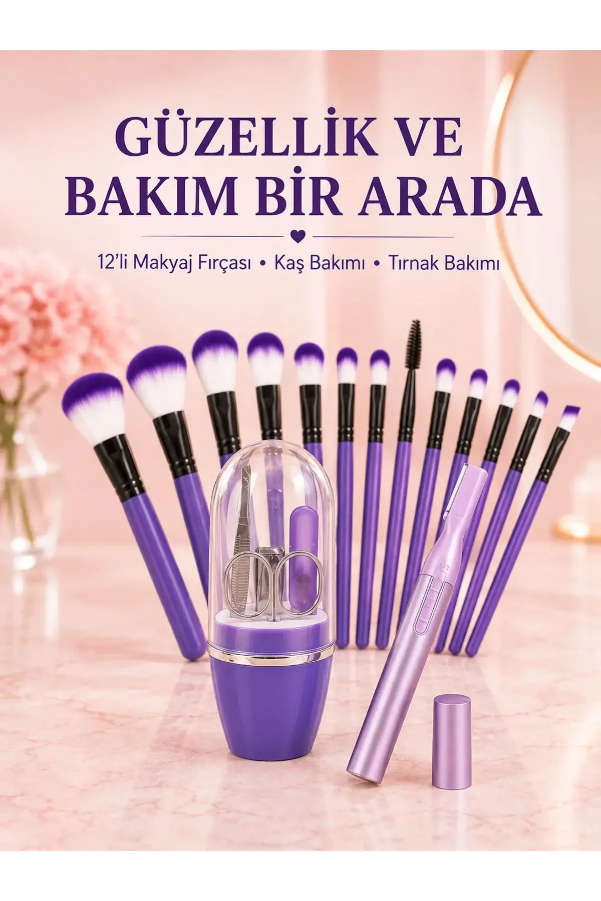 Kadın Makyaj ve Kişisel Bakım Seti 12’li Mor Makyaj Fırçası Kaş Düzeltici ve Manikür Tırnak Bakım Se