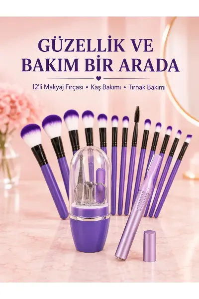 Kadın Makyaj ve Kişisel Bakım Seti 12’li Mor Makyaj Fırçası Kaş Düzeltici ve Manikür Tırnak Bakım Se
