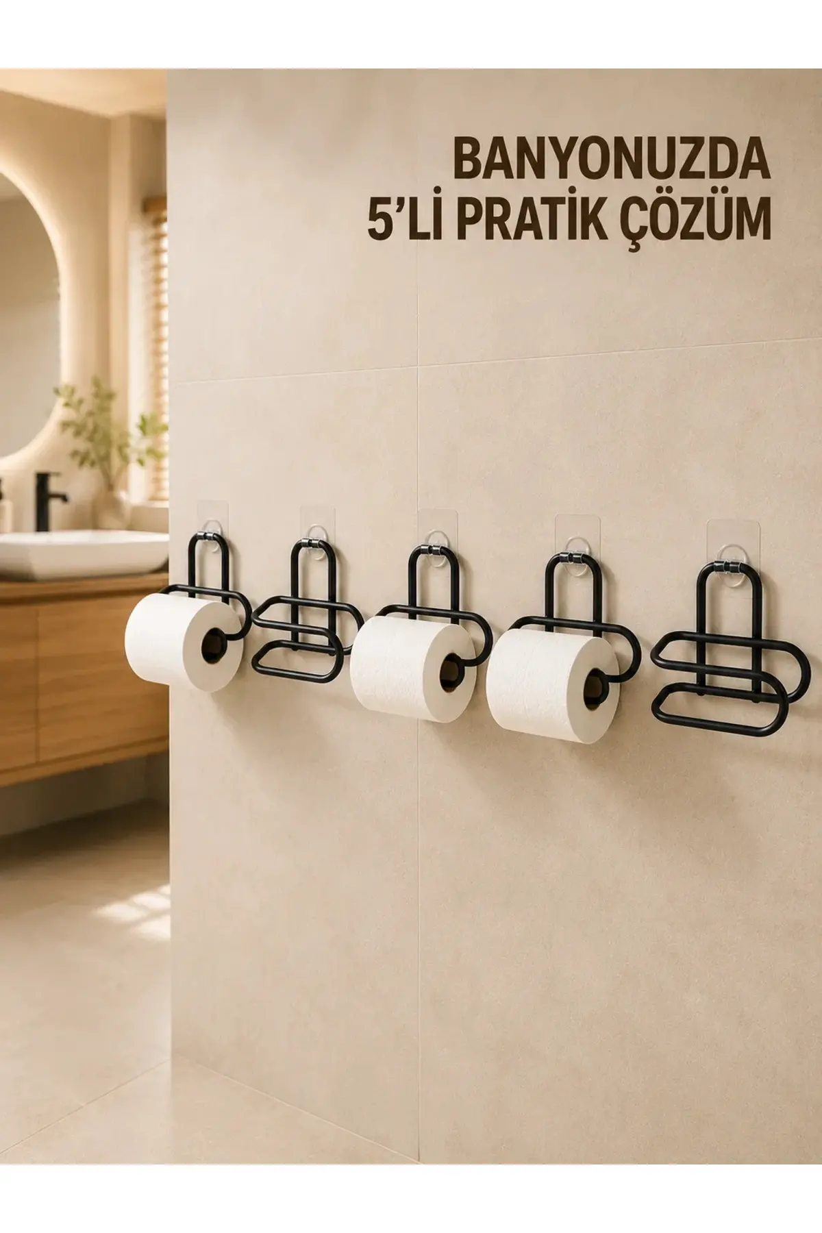 5 Adet Duvara Yapışkanlı WC Kağıtlık Delmeden Montaj Siyah Metal Tuvalet Kağıdı Askısı