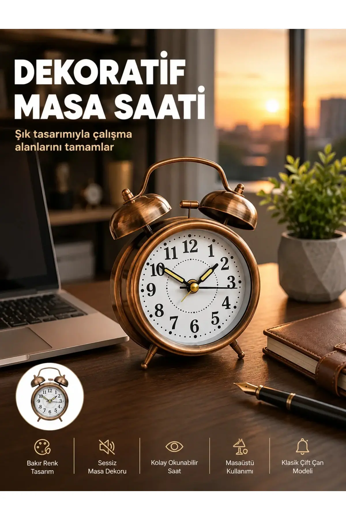 Retro Tarz Bronz Dekoratif Masa Saati Metal Gövde Yüksek Sesli Alarm