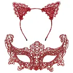 Romantik Kırmızı Dantel Maske Seti – Kedi Kulaklı Taç Ve Maske 3 No-2