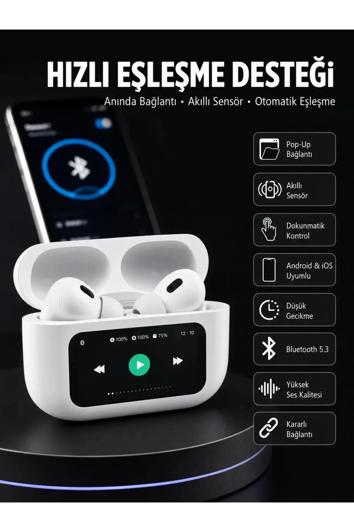 Dokunmatik Ekranlı ANC/ENC Yeni Nesil Pro Bluetooth Kulaklık Dokunmatik Ekran Yeni Nesil