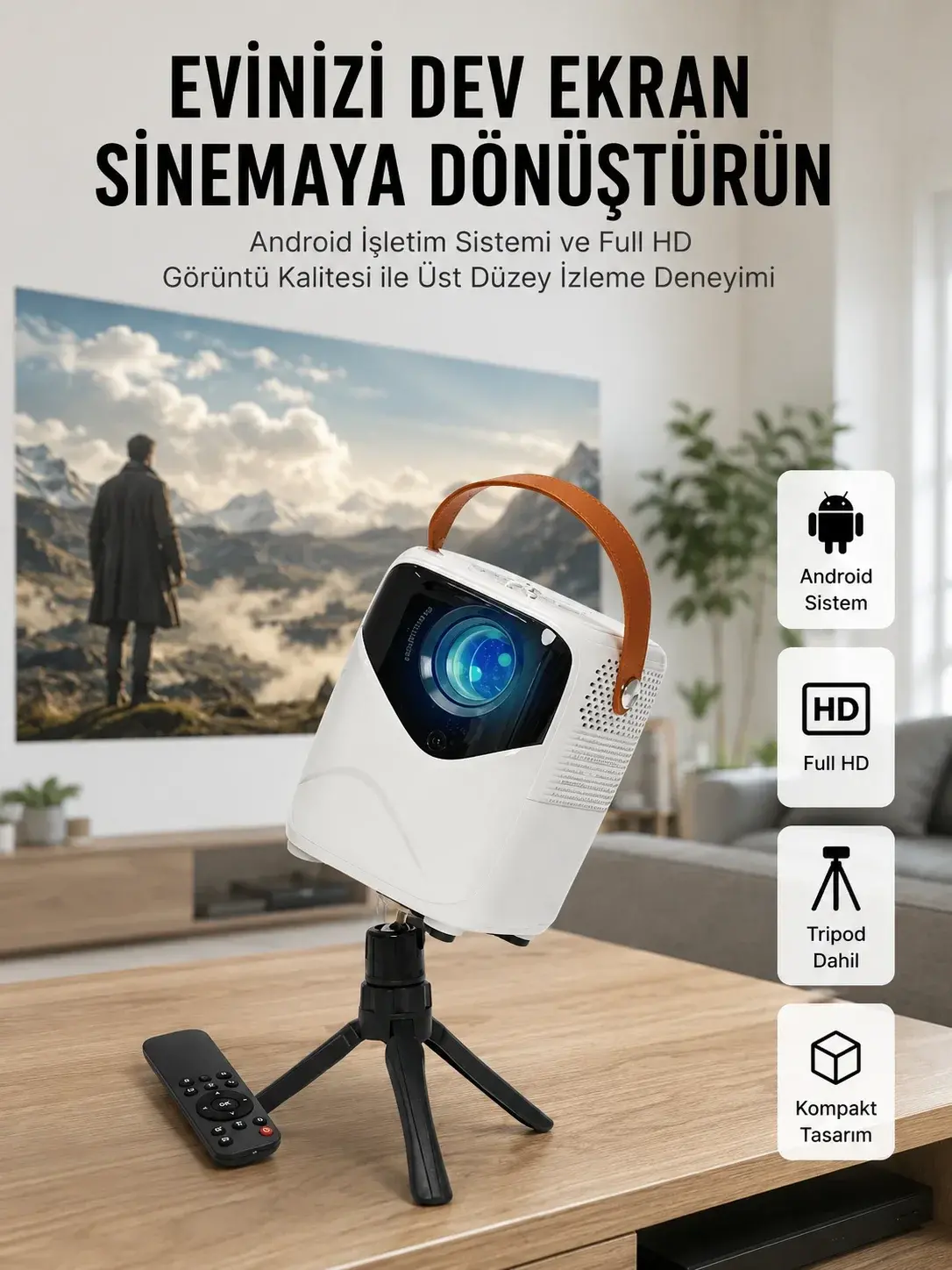 HD Ayaklı Portatif Projeksiyon Cihazı Bluetooth Wifi Akıllı Android İşlemcili