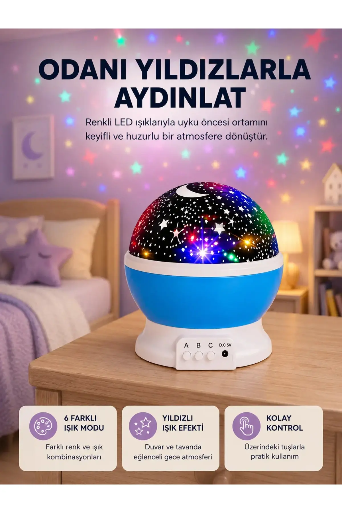 Renkli LED Gece Lambası 6 Işık Modlu Çocuk Odası Atmosfer Aydınlatma