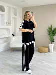 Kadın Kısa Kollu Bisiklet Yaka çift Renk şerit Detaylı Viskon Iki Iplik Bluz Ve Pantolon Ikili Takım-2