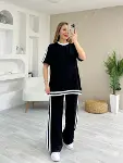 Kadın Kısa Kollu Bisiklet Yaka çift Renk şerit Detaylı Viskon Iki Iplik Bluz Ve Pantolon Ikili Takım-4