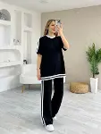 Kadın Kısa Kollu Bisiklet Yaka çift Renk şerit Detaylı Viskon Iki Iplik Bluz Ve Pantolon Ikili Takım-8