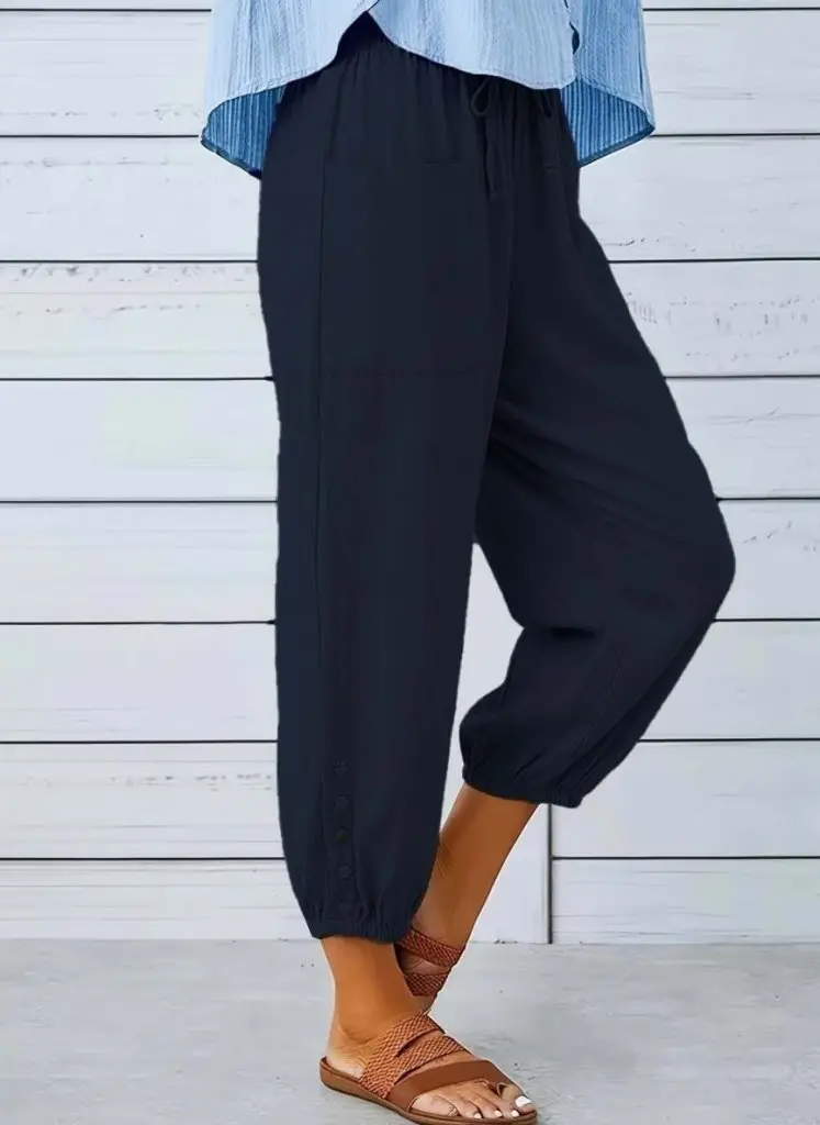 Kadın Beli Lastikli Bağcıklı Düğme Detaylı Pantolon-1 Kadın Beli Lastikli Bağcıklı Düğme Detaylı Pantolon-1