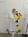 Kadın Kısa Kollu V Yaka Düğmeli Desenli Atlas Bluz-4
