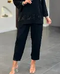 Kadın Uzun Kollu V Yakalı Pulpayet Viskon Iki Iplik Bluz Ve Pantolon Takım-3