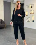 Kadın Uzun Kollu V Yakalı Pulpayet Viskon Iki Iplik Bluz Ve Pantolon Takım-4
