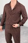 Erkek Çizgili Krep Kumaş Krem Gömlek Pantolon Alt Üst Takım Uzun Kollu - Kahverengi-2