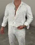Erkek Çizgili Krep Kumaş Krem Gömlek Pantolon Alt Üst Takım Uzun Kollu - Beyaz-2