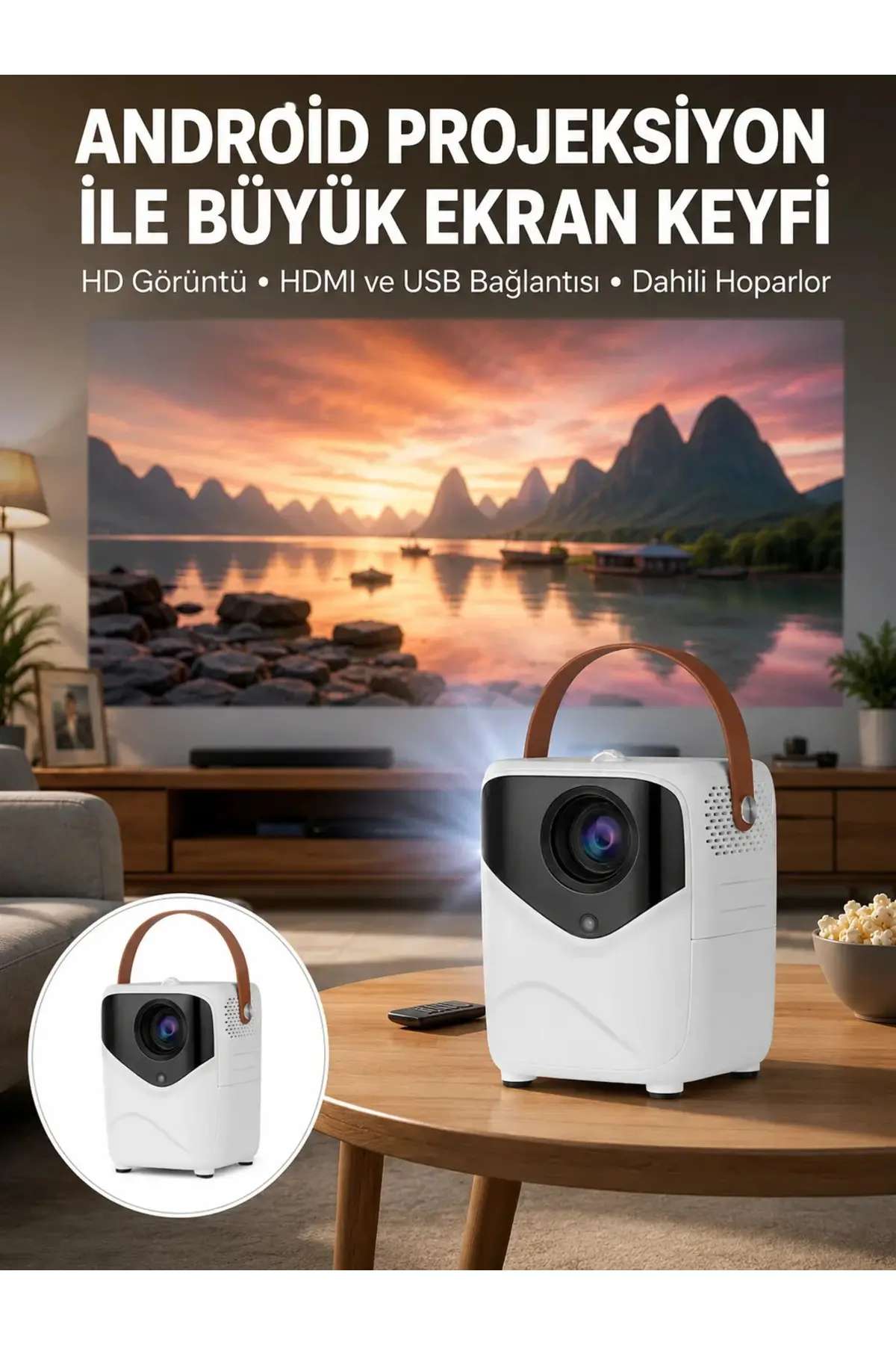 HD Ayaklı Portatif Projeksiyon Cihazı Bluetooth Wifi Akıllı Android İşlemcili Yeni Nesil