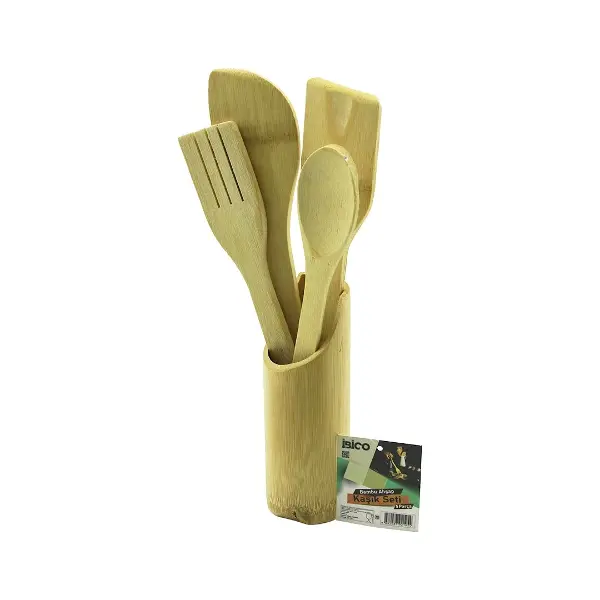 5PCS Ahşap Bambu Mutfak Seti Stand - Kaşık - Çatal - 2 Spatula Fileli