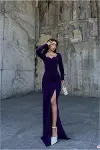Kadın Minimal Tasarım Dokuma Kumaş Kare Yaka Yırtmaçlı Abiye Elbise-2