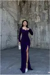 Kadın Minimal Tasarım Dokuma Kumaş Kare Yaka Yırtmaçlı Abiye Elbise-3