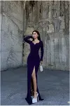Kadın Minimal Tasarım Dokuma Kumaş Kare Yaka Yırtmaçlı Abiye Elbise-1