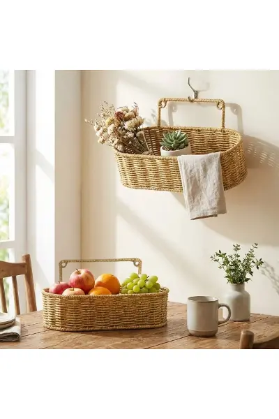 2’li Duvar Askılı Plastik Rattan Organizer – Oval Hasır Görünümlü Mutfak Raf Sepeti, Banyo ve Ev İçi