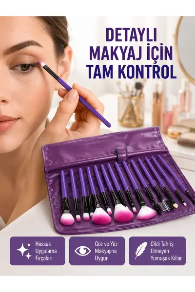 Fondöten, Allık ve Far Uygulamalarına Uygun 12 Parça Makyaj Fırça Takımı Ergonok Saplı