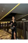 Kadın Tasarım Kruvaze Uzun Kol Nakışlı İşlemeli Elbise-1