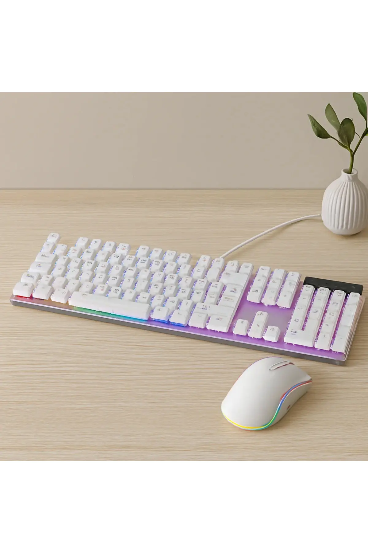 USB Kablolu Oyuncu Klavye ve Mouse Seti - Beyaz RGB