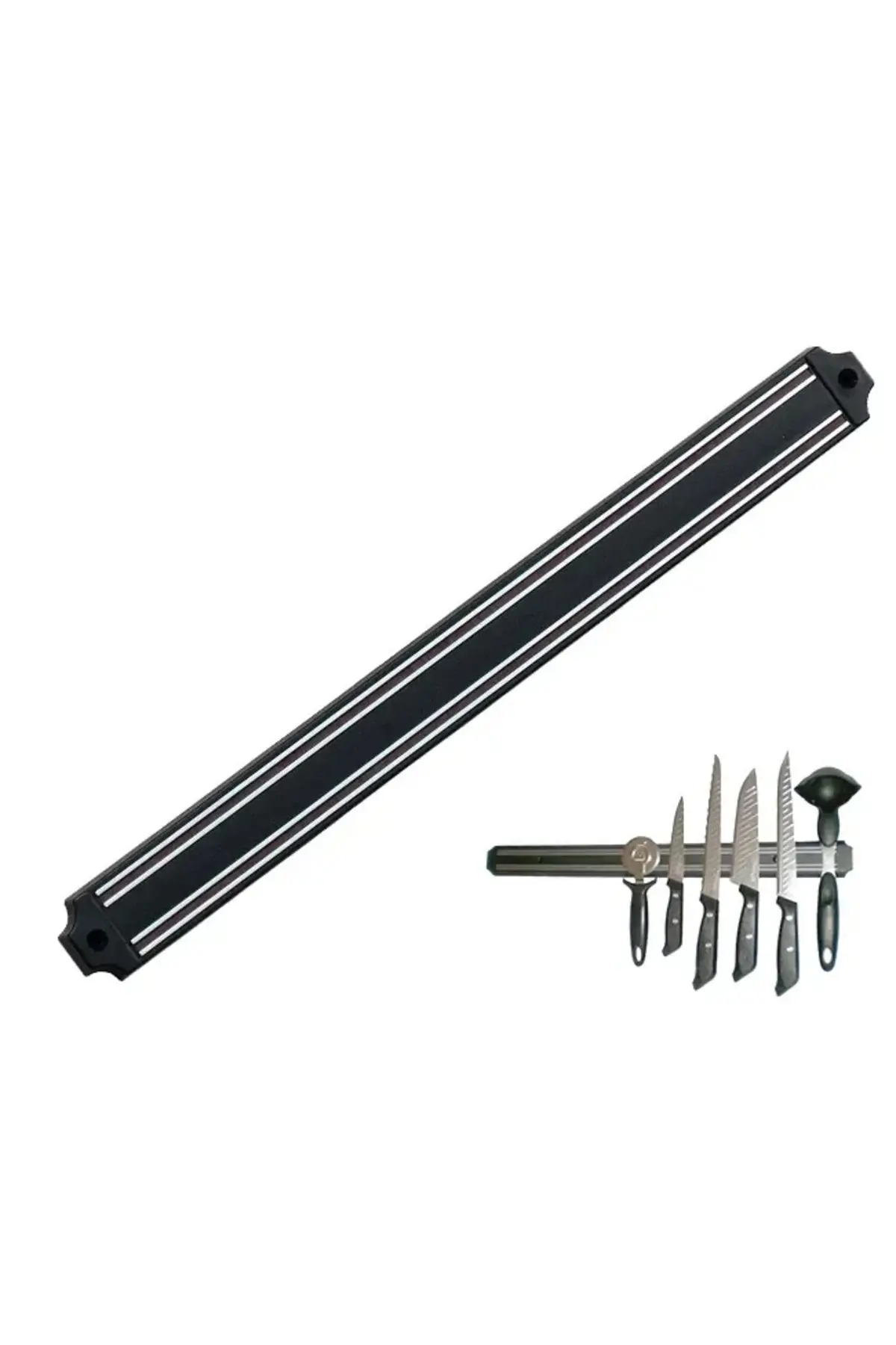 Mıknatıslı Bıçak Tutucu Stand - 38 Cm - Siyah - Paslanmaz Çelik - Mutfak Düzeni - Güvenli Bıçak Sakl