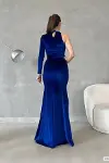 Kadın Esnek Saten Kumaş Tek Omuz Yırtmaçlı Abiye Elbise-7