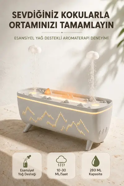 Ultrasonik Hava Nemlendirici Aromaterapi Difüzörü Jöle Yağmur Efektli LED Işıklı 280 ML