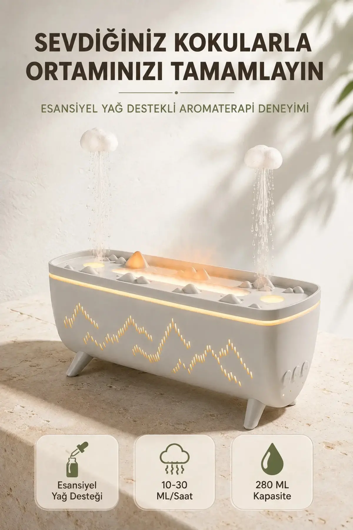 Ultrasonik Hava Nemlendirici Aromaterapi Difüzörü Jöle Yağmur Efektli LED Işıklı 280 ML