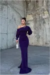 Kadın Modern Stil Krep Kumaş Kayık Yaka Maxi Abiye Elbise-3