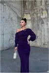Kadın Modern Stil Krep Kumaş Kayık Yaka Maxi Abiye Elbise-4