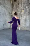Kadın Modern Stil Krep Kumaş Kayık Yaka Maxi Abiye Elbise-5