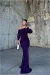 Kadın Modern Stil Krep Kumaş Kayık Yaka Maxi Abiye Elbise-1
