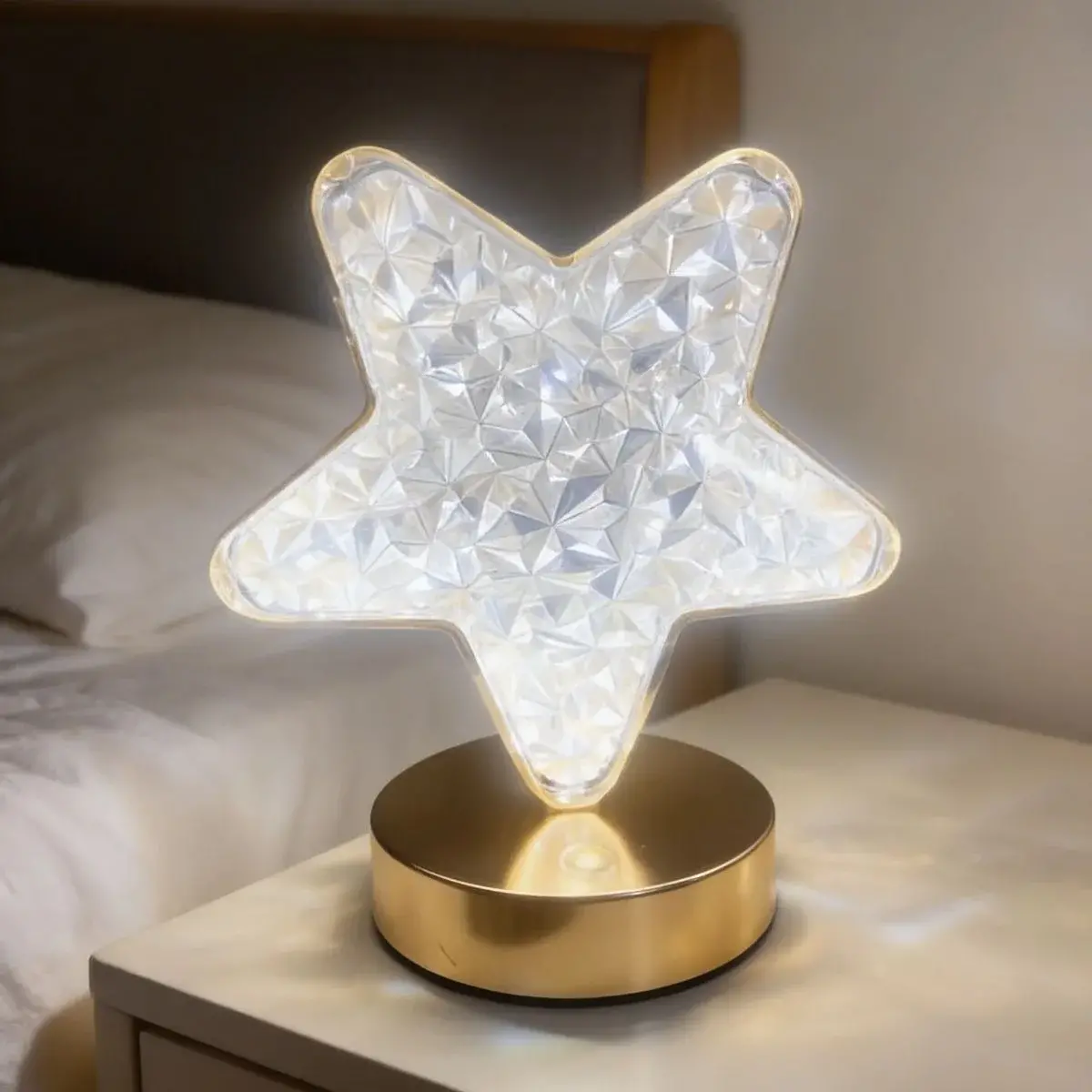 Yıldız Model Kristal LED Masa Lambası – Dokunmatik, 3 Renk Işık Modlu, Şarjlı Mini Dekoratif Gece La