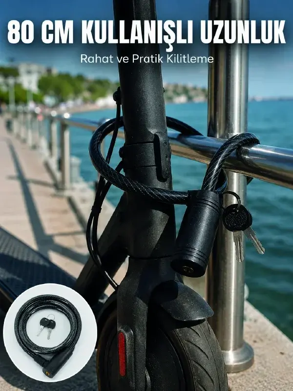 Bisiklet ve Scooter Kilidi 12 mm Çelik Halat 80 cm Anahtarlı Kilit PVC Koruyucu Kaplama 2 Anahtarlı