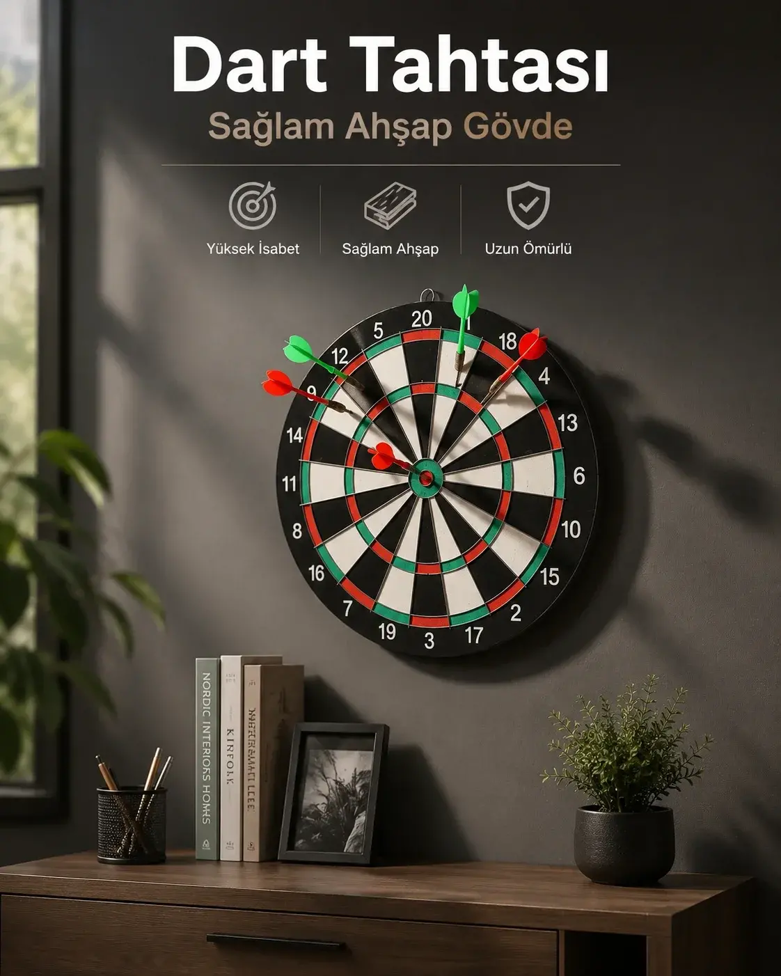 Duvara Monte Sağlam Ahşap Gövdeli Dart Tahtası Ev ve Oyun Alanları İçin 17 İnç