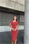Kadın Trend Tasarım Sandy Kumaş Balık Kesim Midi Abiye Elbise-2