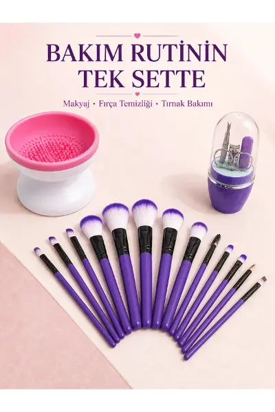 12’li Makyaj Fırça Seti Fırça Temizleme Cihazı ve Manikür Pedikür Seti 3’lü Kadın Güzellik Bakım Pak