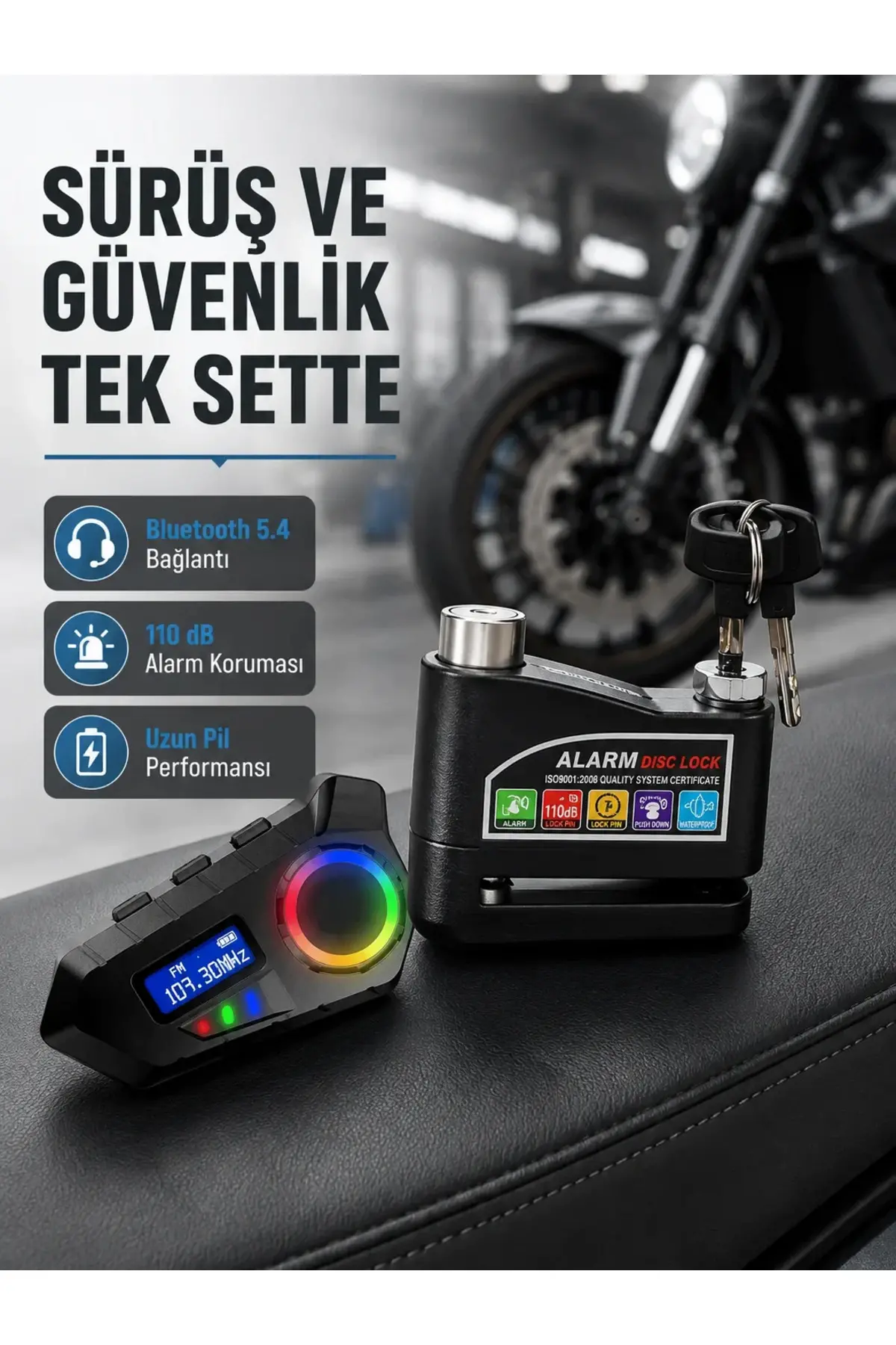 Bluetooth 5.4 İntercom ve Alarmlı Disk Kilidi Seti Güçlü Ses ve Güvenlik